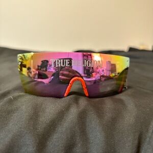 True Religion Rainbow Mirrored Shield Sunglasses with Orange Nose Pad